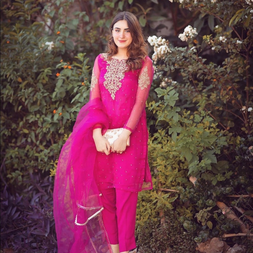 Beautiful 3 piece hot pink pure organza dress